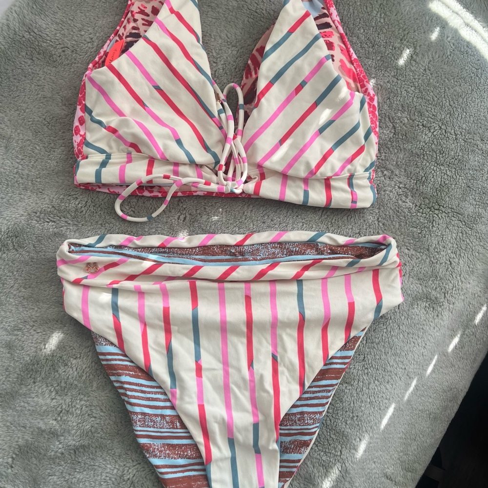 Maaji Reversible Pink and Blue Bikini Top with Knotted Front - 4 Ways to Wear!
